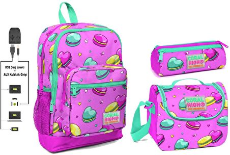 Coral High USB ve AUX Çıkışlı Okul Çanta Seti - Kız Çocuk - Pembe Kurabiyeler
