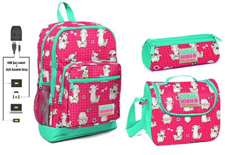 Coral High USB ve AUX Çıkışlı Okul Çanta Seti - Kız Çocuk - Lama Desenli