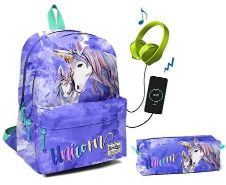Coral High Üç Bölmeli Ortaokul ve Lise Okul Çantası Seti - Mavi Unicornlar