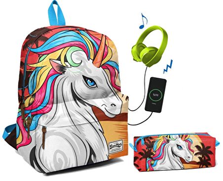 Coral High Üç Bölmeli Ortaokul ve Lise Okul Çantası Seti - Renkli Unicorn