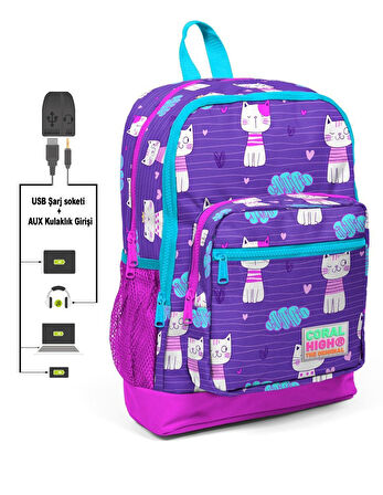 Coral High Kedi Baskılı Kız Çocuk İlkokul Okul Çantası Seti