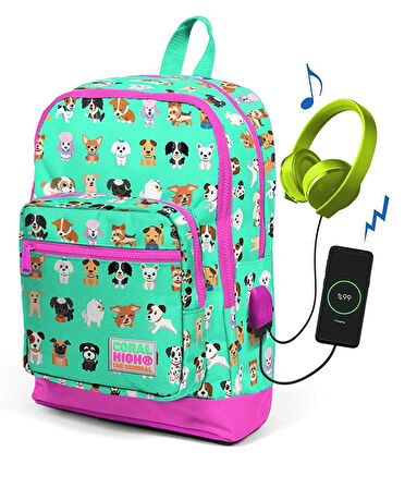 Coral High Kadın Su Yeşili Köpek Desenli Usb Şarjlı Kulaklık Çıkışlı Okul Sırt Çantası 23266