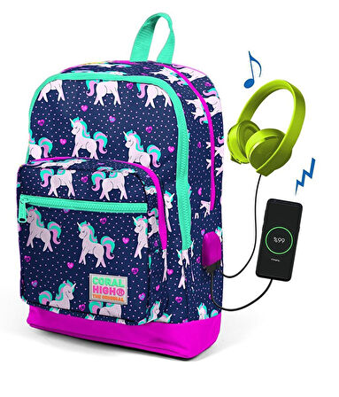 Coral High Çocuk Lacivert Unicorn Usb Şarjlı Kulaklık Çıkışlı Okul Sırt Çantası