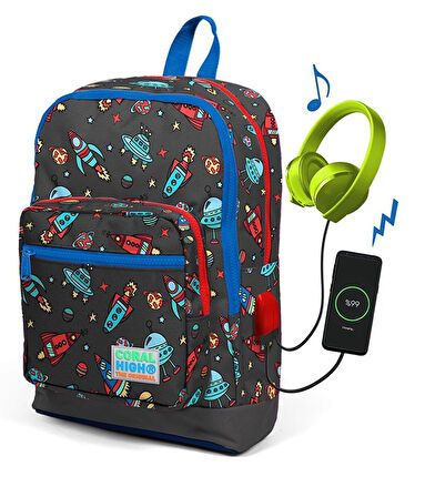 Coral High Gri Uzay Desenli Usb Şarjlı Kulaklık Çıkışlı Okul Sırt Çantası 23279