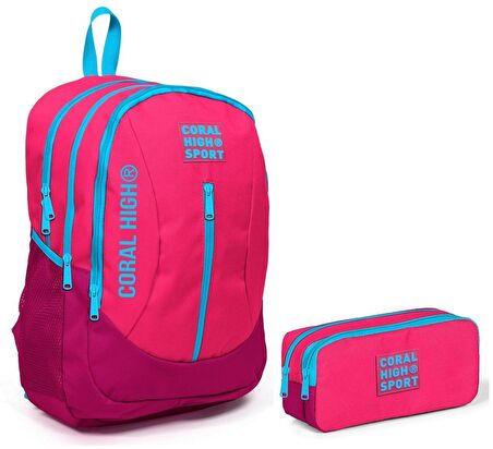 Coral High Sport Pembe Kırmızı Okul Çantası ve Kalemlik Seti - Kız Çocuk - USB Soketli