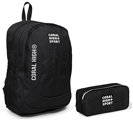 Coral High Sport Siyah Okul Çantası ve Kalemlik Seti - Dört Bölmeli - USB Çıkışlı