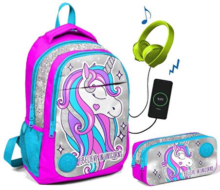 Coral High Kız Çocuk Unicorn İlkokul Çantası ve Kalemlik Seti - USB Çıkışlı