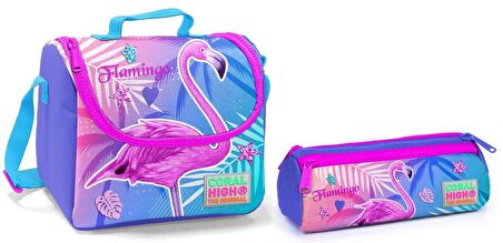 Coral High Pembe Flamingo Kız Çocuk Beslenme Çantası ve Kalemlik Seti - Thermo
