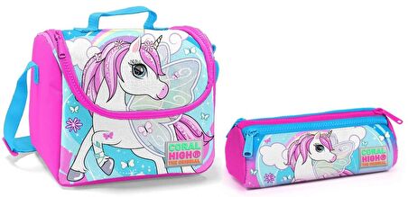 Coral High Mavi Unicorn Kız Çocuk Beslenme Çantası ve Kalemlik Seti - Thermo