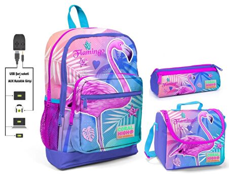 Coral High Pembe Flamingo Baskılı Kız Çocuk İlkokul Çanta Seti - USB Çıkışlı