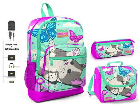 Coral High Sevimli Kedi ve Kelebek Kız Çocuk İlkokul Çanta Seti - USB Çıkışlı