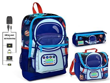 Coral High Mavi Astronot Baskılı Erkek Çocuk İlkokul Çanta Seti - USB Çıkışlı