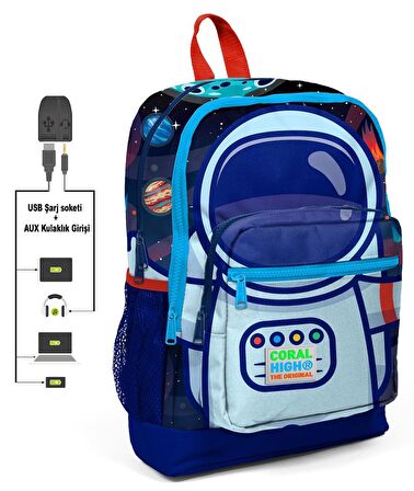 Coral High Mavi Astronot Baskılı Erkek Çocuk İlkokul Çanta Seti - USB Çıkışlı