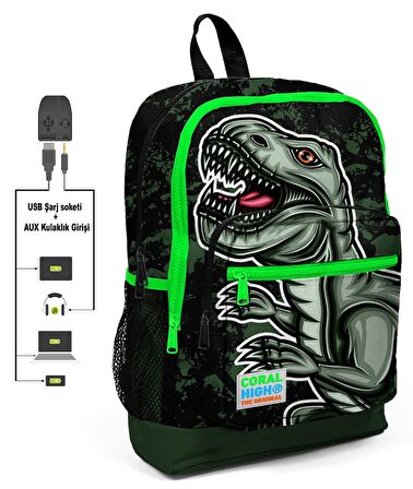 Coral High Yeşil Dinazor Baskılı Erkek Çocuk İlkokul Çanta Seti - USB Çıkışlı
