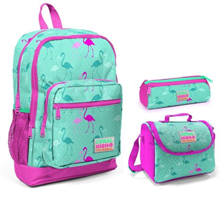 Coral High Yeşil Flamingo Kız Çocuk 3'lü İlkokul Çanta Seti