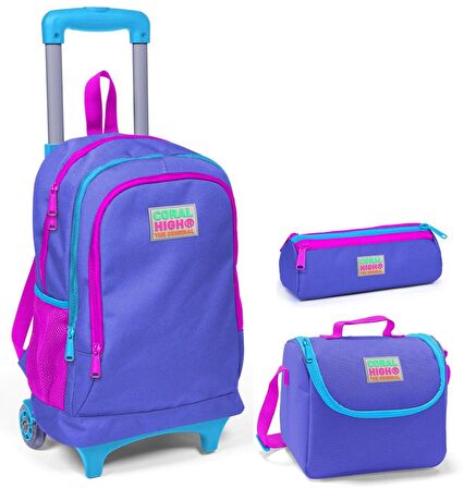 Coral High Mor Kız Çocuk Çekçek Çanta Seti - Işıklı Tekerlekler