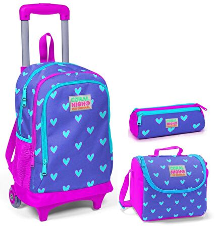 Coral High Pembe Kalp Kız Çocuk Çekçek Çanta Seti - Işıklı Tekerlekler