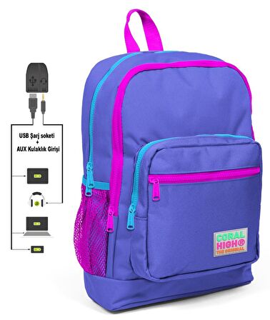 Coral High Mor Okul Çantası ve Beslenme Çantası Seti - Kız Çocuk - USB Soketli