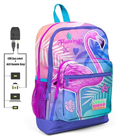 Coral High Pembe Flamingo Baskılı Okul Çantası ve Beslenme Çantası Seti - Kız Çocuk - USB Soketli