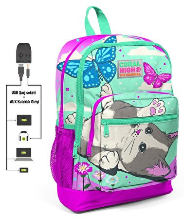 Coral High Sevimli Kedi ve Kelebek Okul Çantası ve Beslenme Çantası Seti - Kız Çocuk - USB Soketli