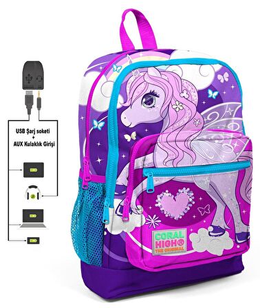 Coral High Mavi Unicorn Baskılı Okul Çantası ve Beslenme Çantası Seti - Kız Çocuk - USB Soketli