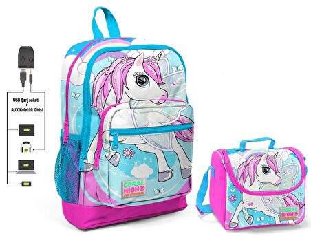 Coral High Mavi Unicorn Baskılı Okul Çantası ve Beslenme Çantası Seti - Kız Çocuk - USB Soketli