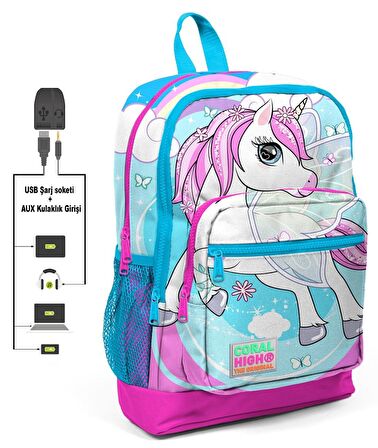 Coral High Mavi Unicorn Baskılı Okul Çantası ve Beslenme Çantası Seti - Kız Çocuk - USB Soketli
