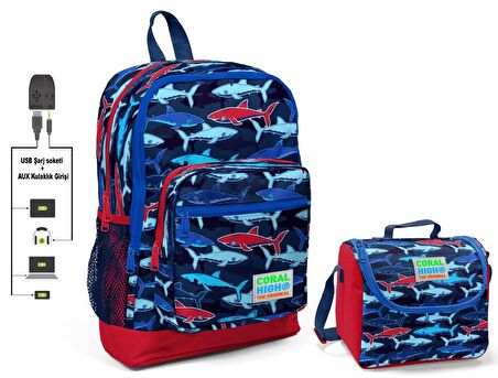 Coral High Mavi Köpekbalığı Baskılı Okul Çantası ve Beslenme Çantası Seti - Erkek Çocuk - USB Soketli