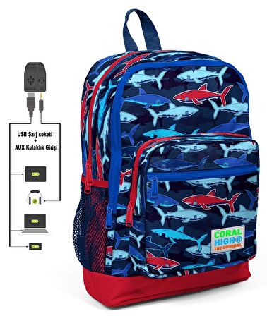 Coral High Mavi Köpekbalığı Baskılı Okul Çantası ve Beslenme Çantası Seti - Erkek Çocuk - USB Soketli