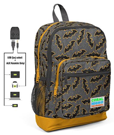 Coral High Yarasa Baskılı Okul Çantası ve Beslenme Çantası Seti - Erkek Çocuk - USB Soketli