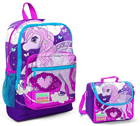 Coral High Mor Unicorn Baskılı Kız Çocuk İlkokul Çantası ve Beslenme Seti