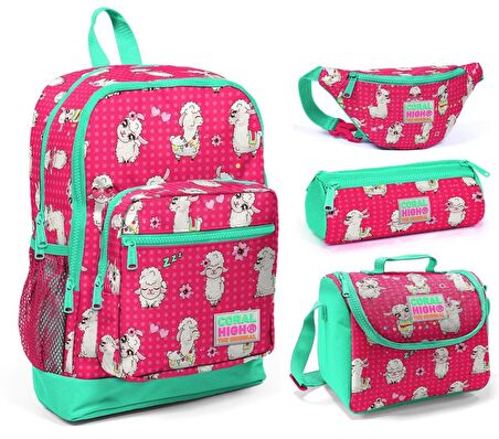 Coral High Lama Baskılı Kız Çocuk 4'lü İlkokul Çanta Seti
