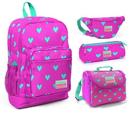 Coral High Pembe Kalp Baskılı Kız Çocuk 4'lü İlkokul Çanta Seti