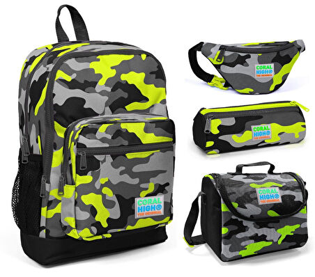 Coral High Yeşil Kamuflaj Erkek Çocuk 4'lü İlkokul Çanta Seti