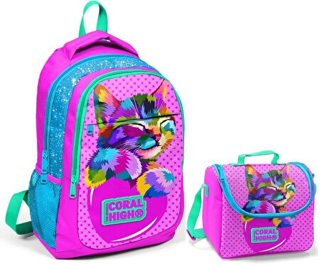 Coral High Kız Çocuk Pembe Kedi Okul Sırt Çantası ve Beslenme Çantası