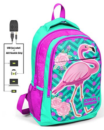 Coral High Pembe Flamingo Okul ve Beslenme Çantası - Kız Çocuk  - USB Soketli