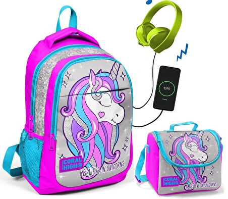 Coral High Pembe Unicorn Okul ve Beslenme Çantası - Kız Çocuk  - USB Soketli