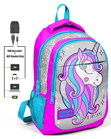 Coral High Pembe Unicorn Okul ve Beslenme Çantası - Kız Çocuk  - USB Soketli