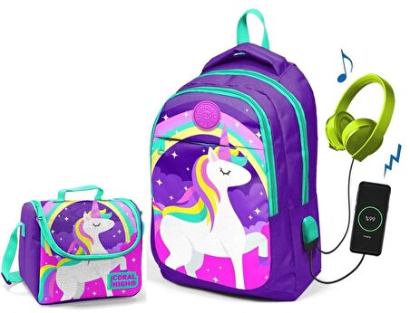 Coral High Kids Mor Unicorn Okul ve Beslenme Çantası - Kız Çocuk  - USB Soketli
