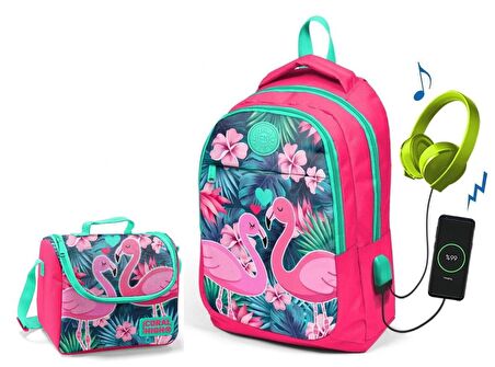 Coral High Narçiçeği Flamingo Okul ve Beslenme Çantası - Kız Çocuk  - USB Soketli