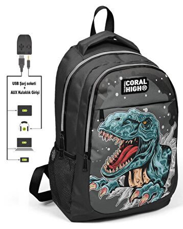 Coral High Dinazor Baskılı Okul ve Beslenme Çantası - Erkek Çocuk  - USB Soketli