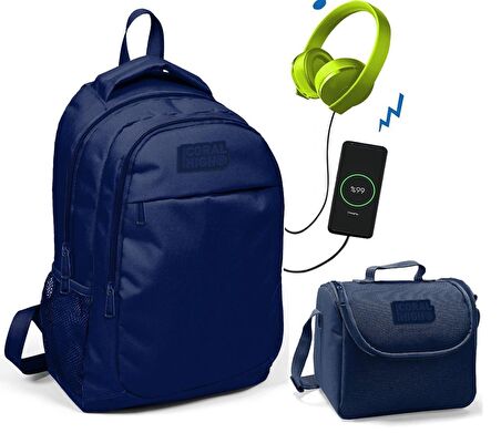 Coral High Lacivert Okul ve Beslenme Çantası - Erkek Çocuk  - USB Soketli