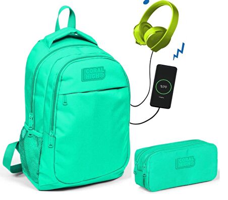 Coral High Su Yeşili Kız Çocuk İlkokul Çantası ve Kalemlik Seti - USB Soketli