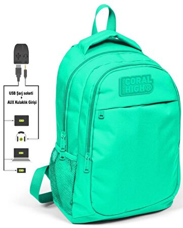 Coral High Su Yeşili Kız Çocuk İlkokul Çantası ve Kalemlik Seti - USB Soketli