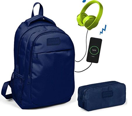 Coral High Lacivert Erkek Çocuk İlkokul Çantası ve Kalemlik Seti - USB Soketli