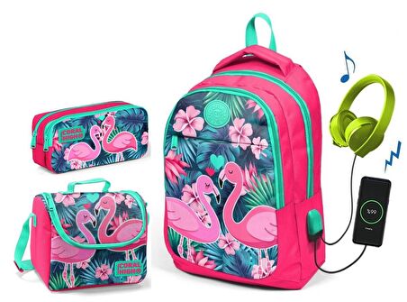 Coral High Kız Çocuk Narçiçeği Flamingo 3'lü Çanta Takımı - USB Soketli