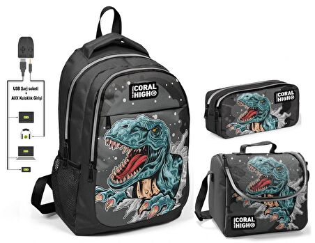 Coral High Erkek Çocuk Dinazor Desenli 3'lü Çanta Takımı - USB Soketli