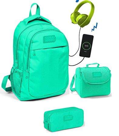 Coral High Kız Çocuk Su Yeşili 3'lü Çanta Takımı - USB Soketli