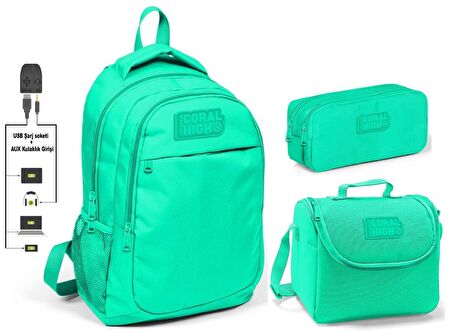 Coral High Kız Çocuk Su Yeşili 3'lü Çanta Takımı - USB Soketli