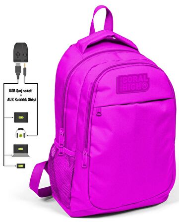 Coral High Kız Çocuk Koyu Pembe 3'lü Çanta Takımı - USB Soketli